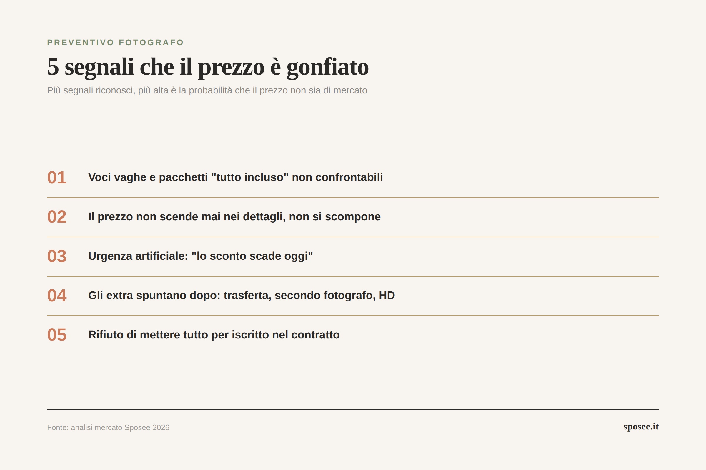 Infografica 5 segnali che il preventivo del fotografo matrimonio è gonfiato: voci vaghe, prezzo non scomposto, urgenza artificiale, extra non spiegati, rifiuto del dettaglio scritto