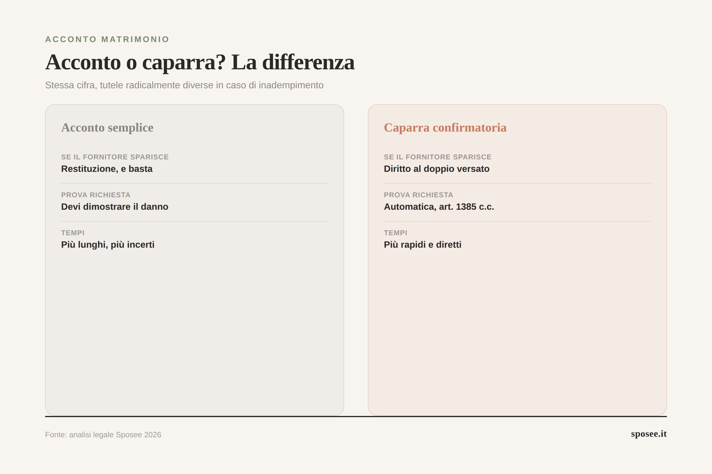 Infografica confronto tra acconto semplice e caparra confirmatoria nel contratto matrimonio: tutela e diritti in caso di inadempimento